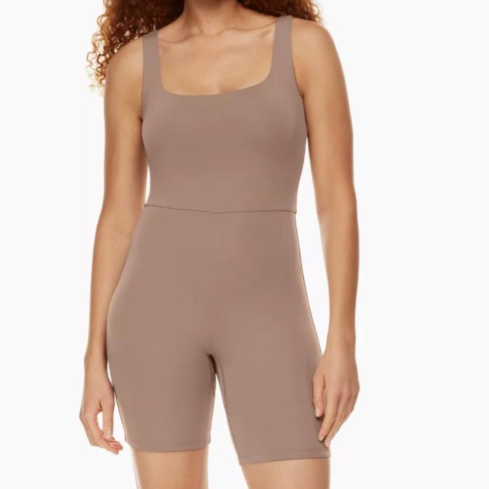 Aritzia Babaton Contour Squareneck Romper in Taupe